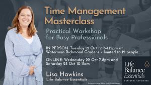 Banner promoting online Time Management Masterclass with tips on email, calendar, and to-do list management.