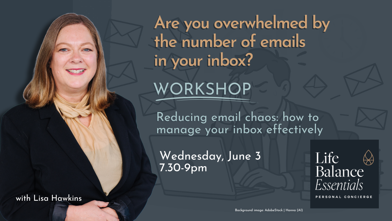 Photo of Lisa Hawkins with workshop details for “Reducing Email Overwhelm: How to Keep Your Inbox Under Control”.